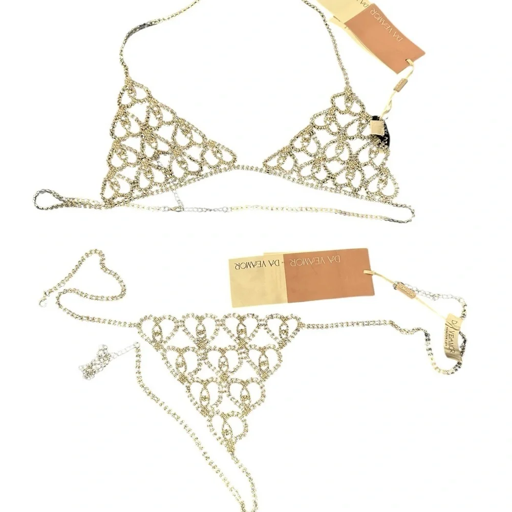 DA VEAMOR  rhinestone body chain silver bikini bra and thong set, NWT